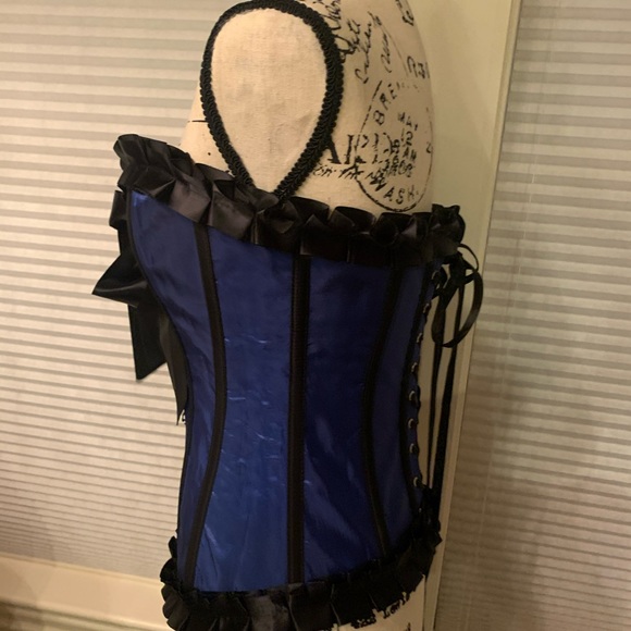 Adore Me lace up back corset in black & royal blue satin . Boudoir, costume Sm - Picture 6 of 6